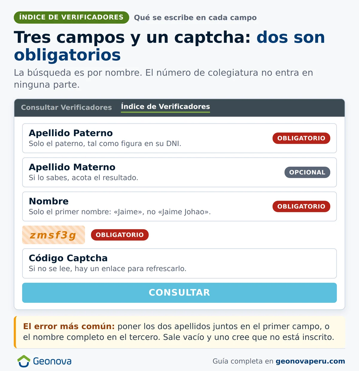 Campos del formulario del Índice de Verificadores de SUNARP: apellido paterno y nombre obligatorios, apellido materno opcional y código captcha